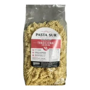 Fideos agroecológicos tirabuzón tradicional cúrcuma Pasta Sur x500grs.
